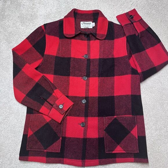 Vtg Amana Woolen Mill Womens Wool Jacket Sz 38 Med Buffalo Plaid Red Black Chore - Picture 1 of 8